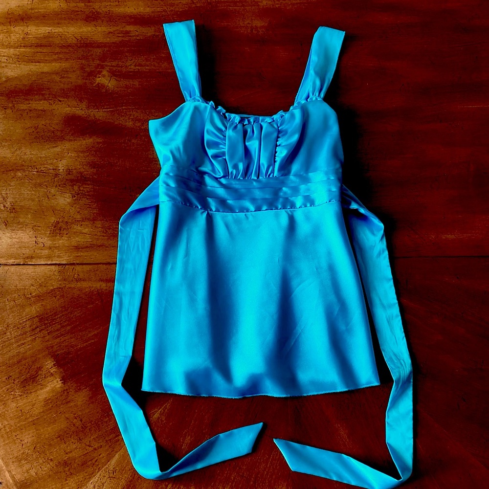 BCX Turquoise Satin Sleeveless Blouse S Tieback